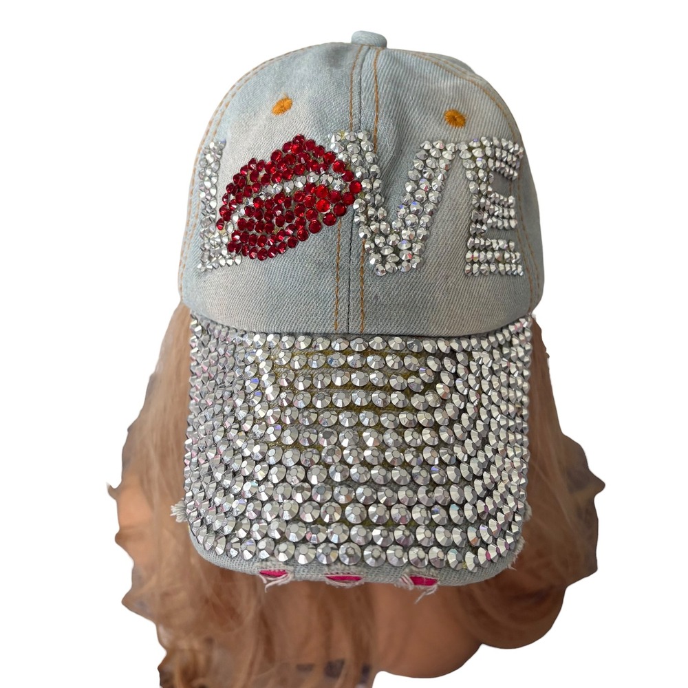 Y2K LOVE Rhinestone Lip Denim Baseball Cap Light Wash Distressed Hat McBling - Picture 3 of 10